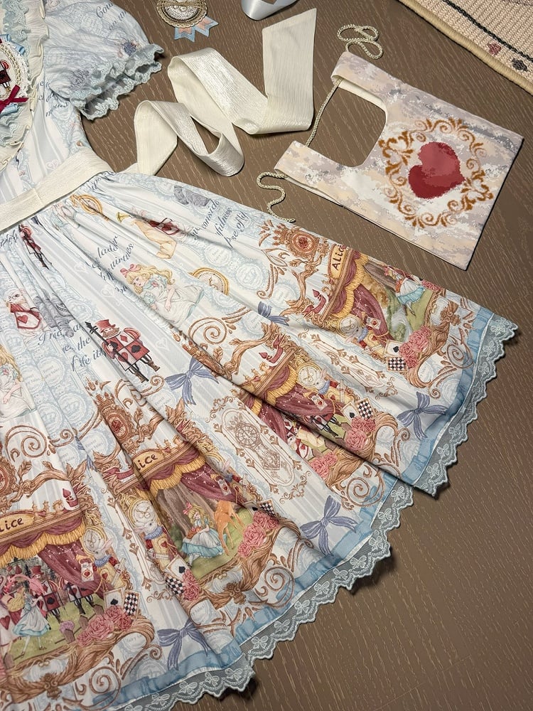 Azure Alice in Wonderland Theme Print Polka-dot Collar Sweet Gown - Forest Fairy Tales