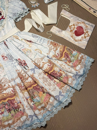 Azure Alice in Wonderland Theme Print Polka-dot Collar Sweet Gown - Forest Fairy Tales