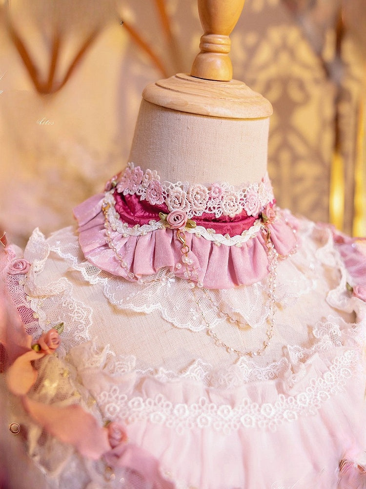 Pink/Rose with and Light Chains Choker Ruffled Accents Bead Lolita Flower Pink