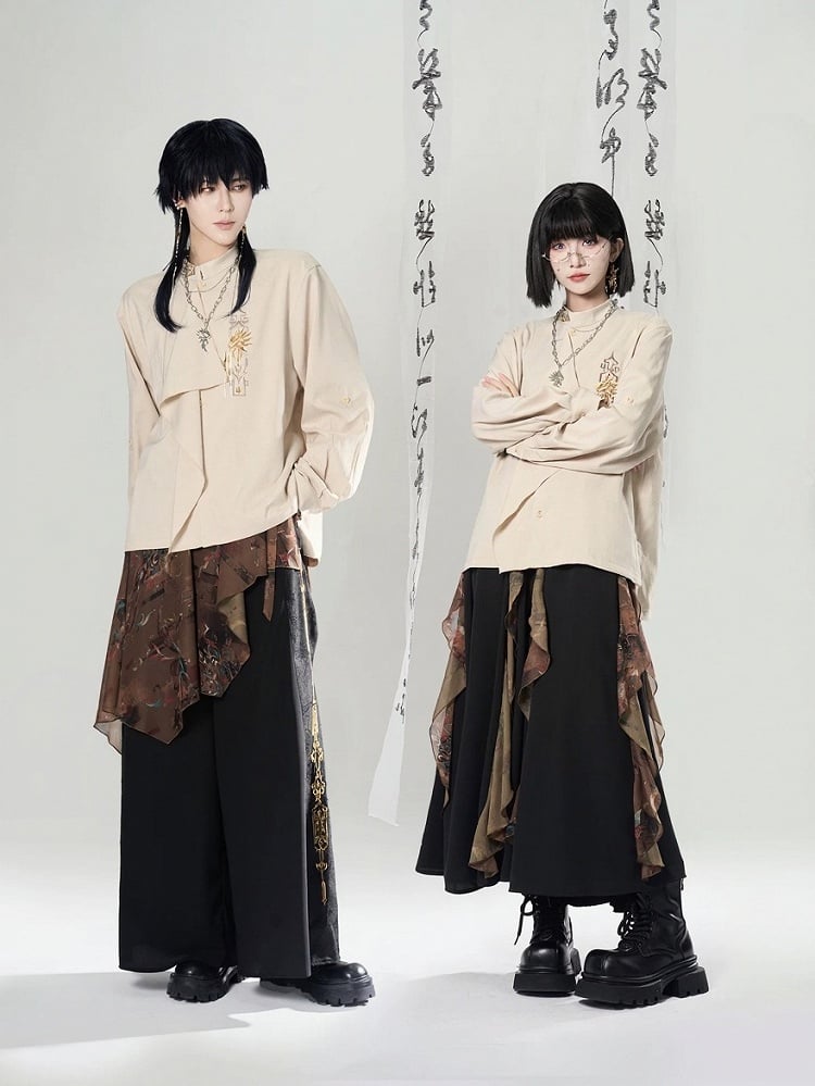 Long Blouse Embroidered Chinoiserie Sleeve Asymmetrical Ivory