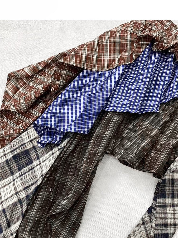 ミラードチェック柄ブラウンスカート ティアードファッション アシンメトリーヘムパターン