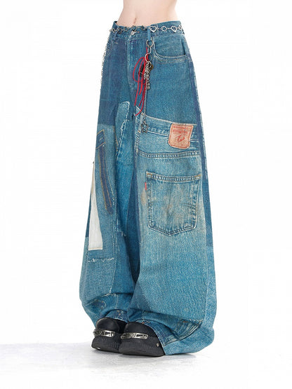 Jeans mit weitem Bein und verblasster Waschung in Denimblau mit Taschen