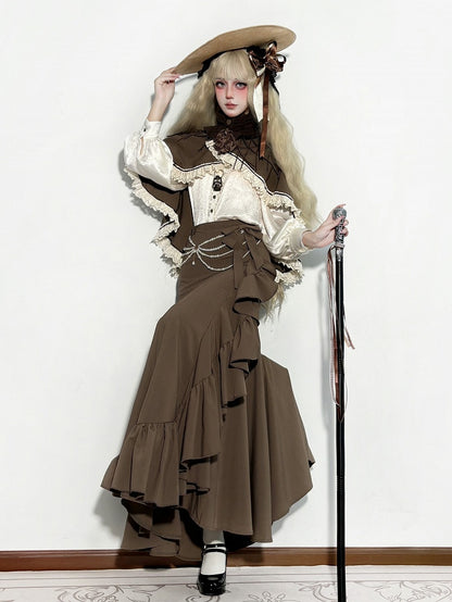 Brown Elegant Mermaid Skirt with Cascading Ruffles - MUYU