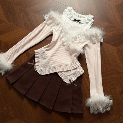 Long-Sleeve Pink Shoulder Decor Light Ruffle Jirai Kei Fuzzy Open with Knit Top