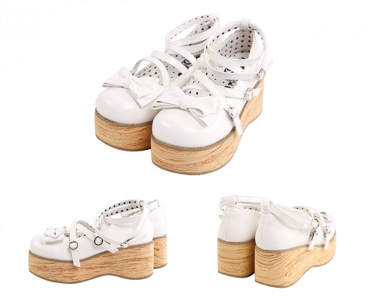 Accents Round Heels Bow Version Middle Sweet Buckle Platforms Straps White - Toe