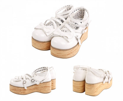 Accents Round Heels Bow Version Middle Sweet Buckle Platforms Straps White - Toe