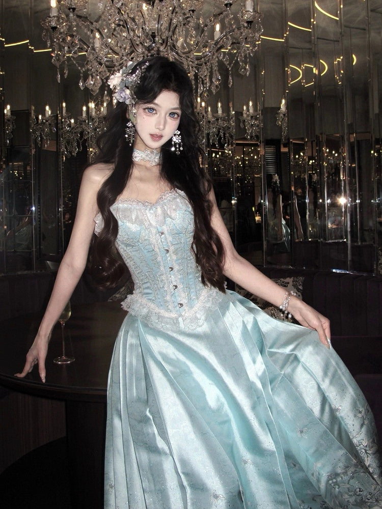Fishbone Bodice Mint Blue Lace Trim Corset - San Sheng Du