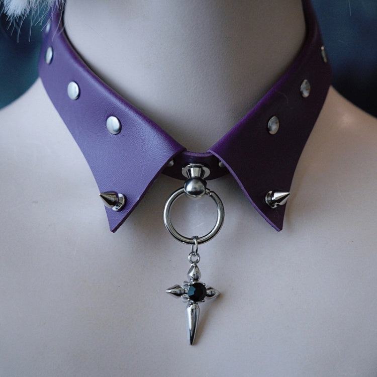 Gothic Cross Decorated Rhinestone Choker Details Purple Studs Pendant