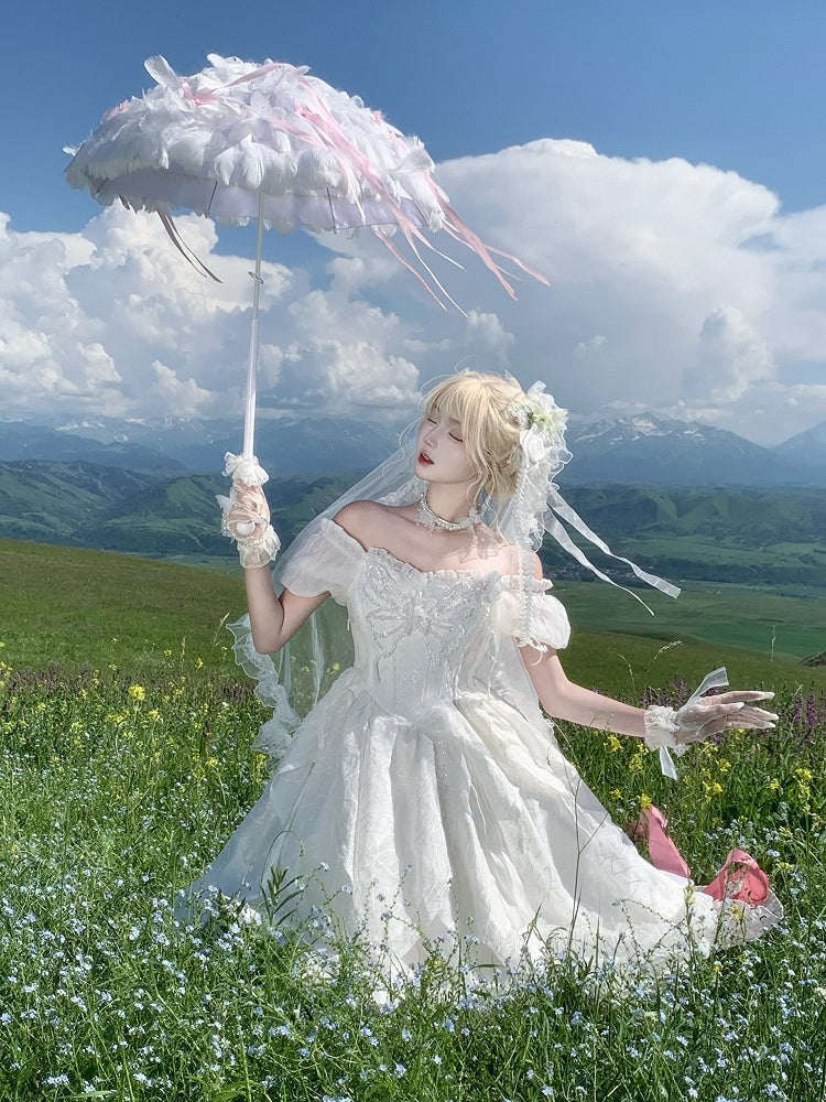 White Butterfly Motif Puff Sleeve Lolita Top and Asymmetrical Hem Skirt Set - Sweet Wood Lolita