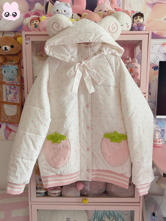 Polka with Hooded Pocket Jacket Dot Strawberry Hood Ear Off-white Bear