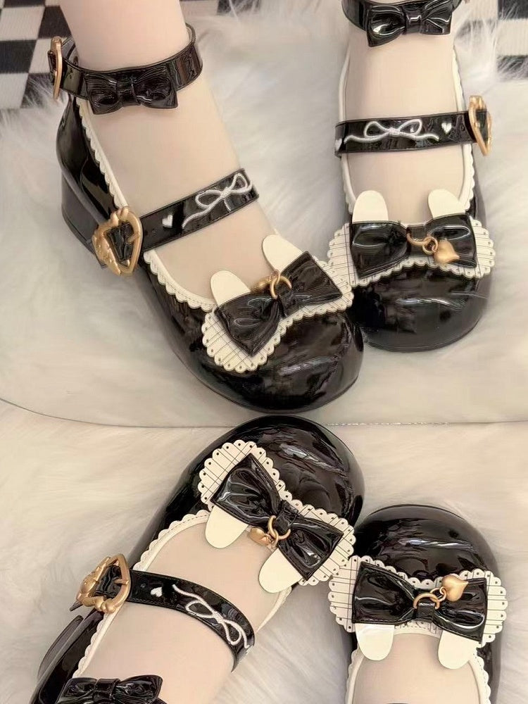 Mid-heel Black Janes Snap Closure Bunny Hem with Mary Heart-shaped Scalloped Lolita Sweet Themed