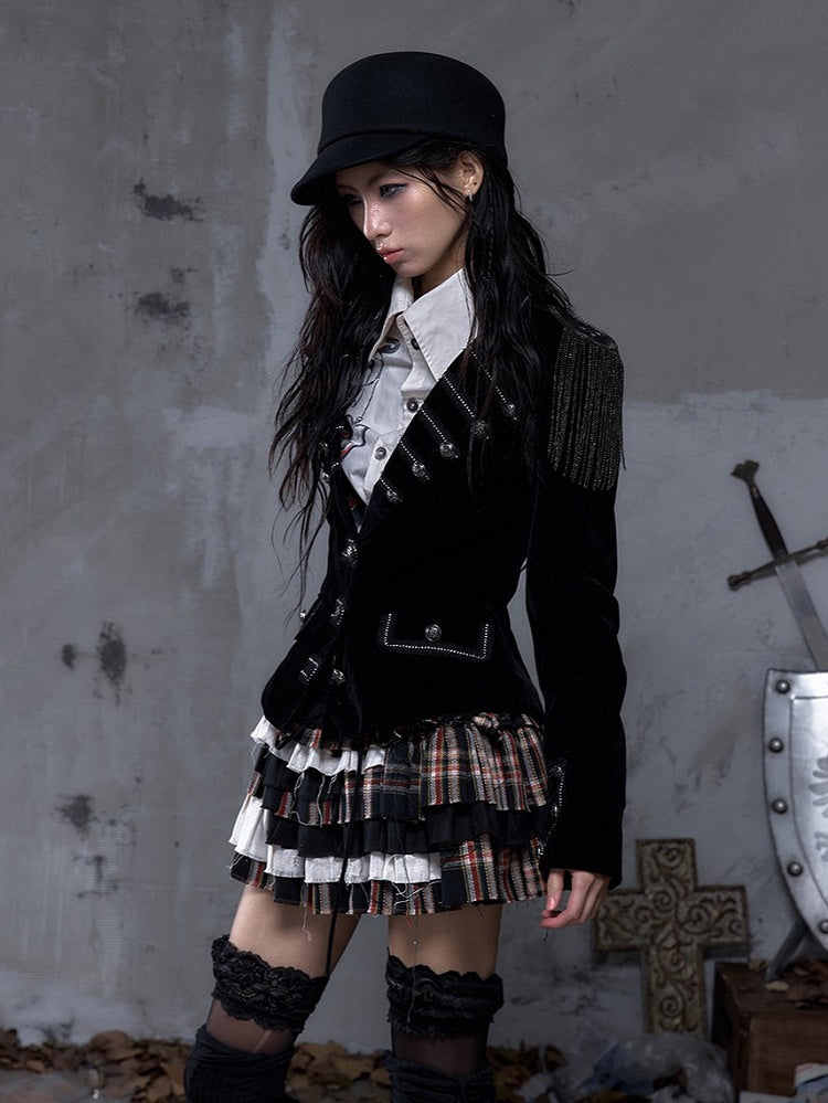 Lapel Multi-Row Embroidered Blazer Back Black with Cross Punk Fringe Epaulettes Shoulder Buttons Detachable
