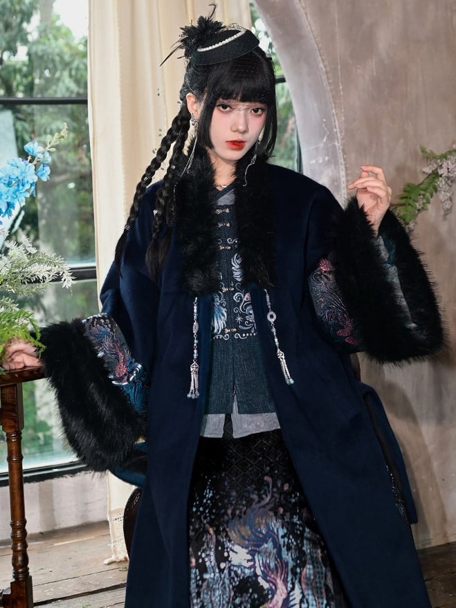 Chinese Vest Neck - Buttons Style Square Beaded Goldfish Navy Embroidery with Blue