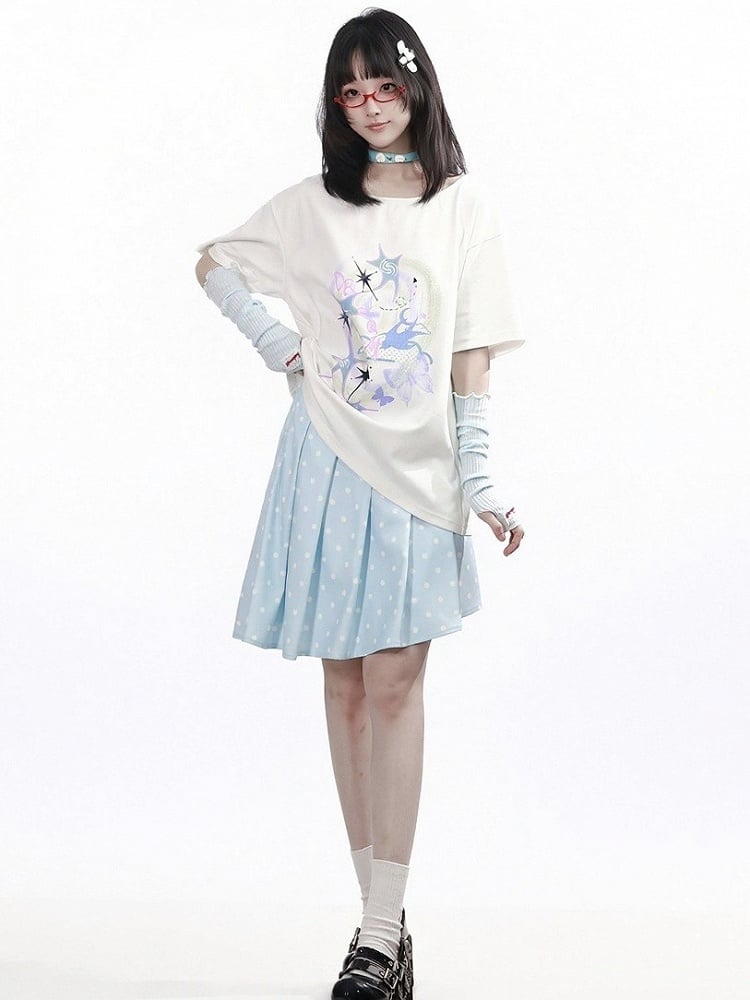 White Wide Round Neck Short Sleeve T-Shirt with Nebula Print - PINK SAVIOR