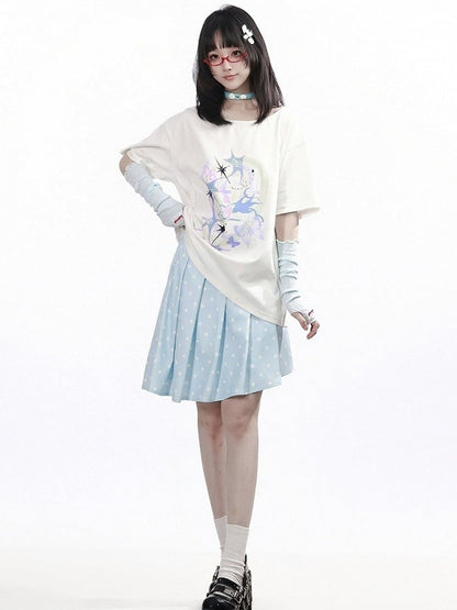 White Wide Round Neck Short Sleeve T-Shirt with Nebula Print - PINK SAVIOR