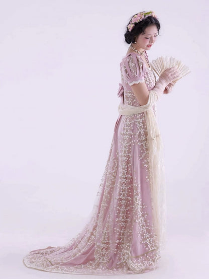 Rosa Empire Taille Floral Elegantes Lolita Maxikleid Bodenlange Version