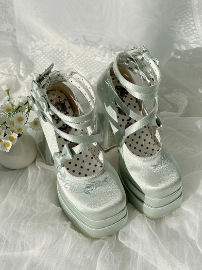 グリーンのカメリアフラワーハイブロックヒールエレガントなプラットフォームハイヒール