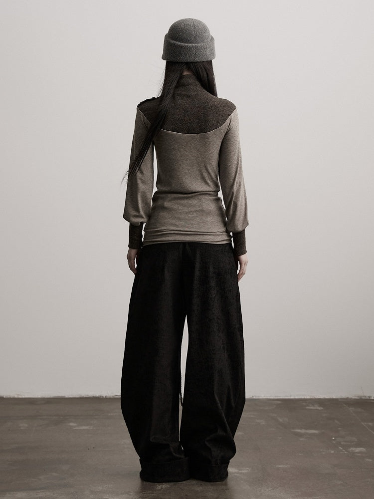 Long-Sleeve Goth with Top Button Design Gray Color-Block Brown Details Urban