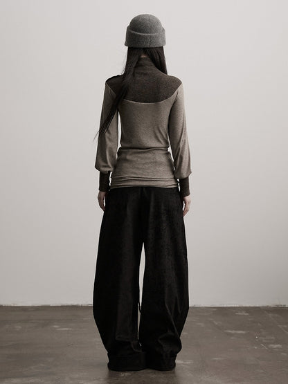 Long-Sleeve Goth with Top Button Design Gray Color-Block Brown Details Urban