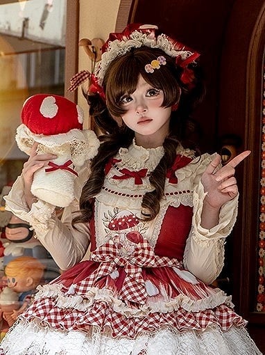 Red Beige Tie-Dye Mushroom Hat with Lace Netting - Honey Machine