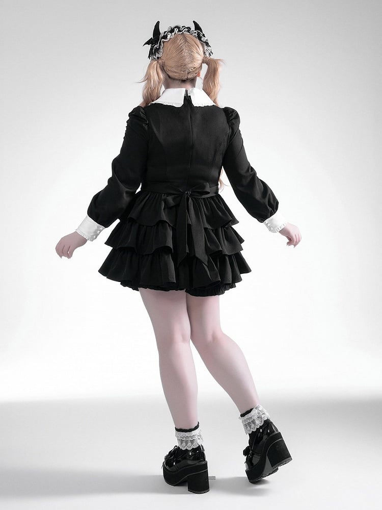 Black White Jirai Kei Collared Tiered Ruffle Dress Shorts Set - Fluffy Heart