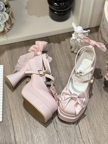 Sweet High-heel PU Top Pink at with Bow Janes Light Lolita Mary Platform