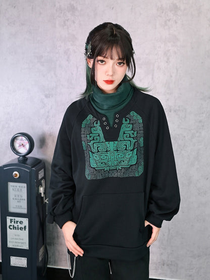Black Collar Top Motif High with Kangaroo Cheongsam Bronze Green Pocket Faux Two-Piece Gothic