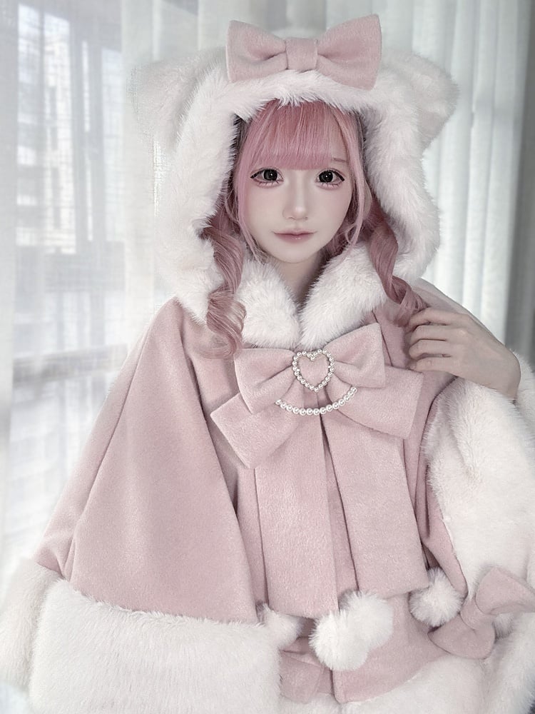 Style Wool Jirai Kitty in Kei - Cape Hooded Plush Pink Ears Kawaii Coat