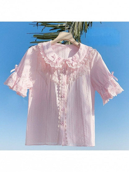 Pink Lolita Lace Doll Neck Blouse - Lan Jian Chuan