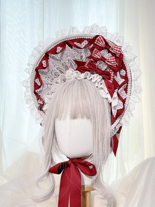 Schleifen Weiß Rot Spitze Lolita Plaided mit Haube