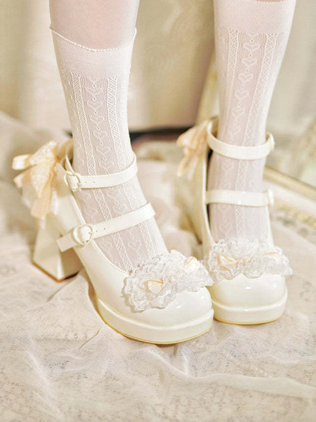 Buckles Trim Heart White Heels Bow at Lace High Top Knotted Block