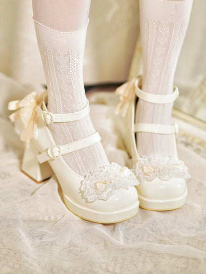 Buckles Trim Heart White Heels Bow at Lace High Top Knotted Block