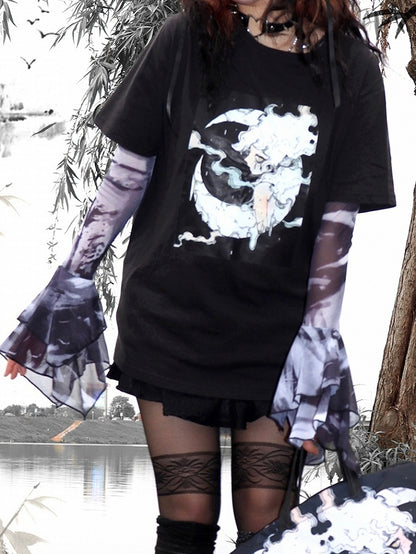 プリントTシャツ ブラック ショート ギャル 漫画 ファッション 袖