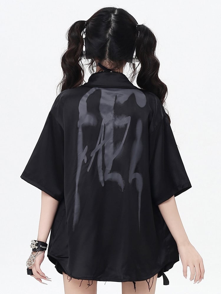 with Shoulder-to-Hem Studded Straps Black Graffiti Gray Shirt Punk Letter