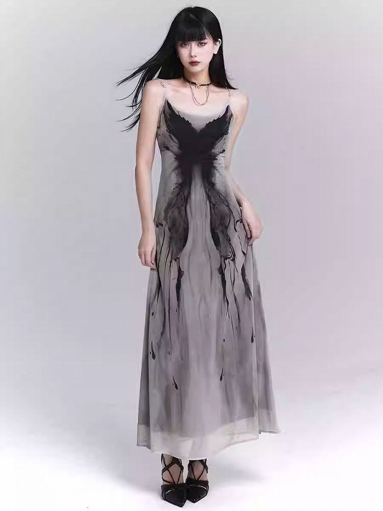 Gothic Gray Butterfly Slim-fitting Slip Dress