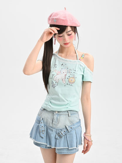 Y2K Adorable Lamb Print Mint Green Asymmetrical Neckline T-Shirt