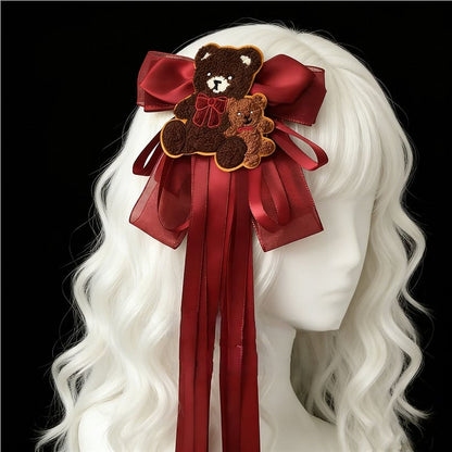Bear Hairclip Accent Brown Bow Red