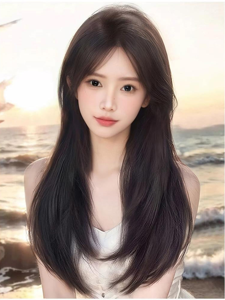 Black Bangs Straight Length With 65CM Wig Tea