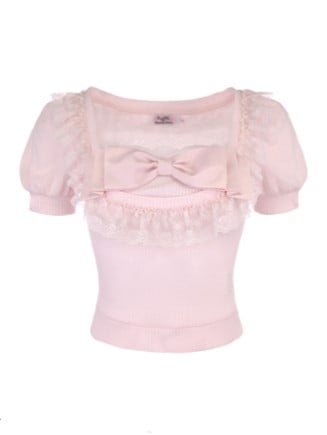 Rosa mit Ärmel Top Schleife Spitze Puff Trim Verspielt Slim-Fit