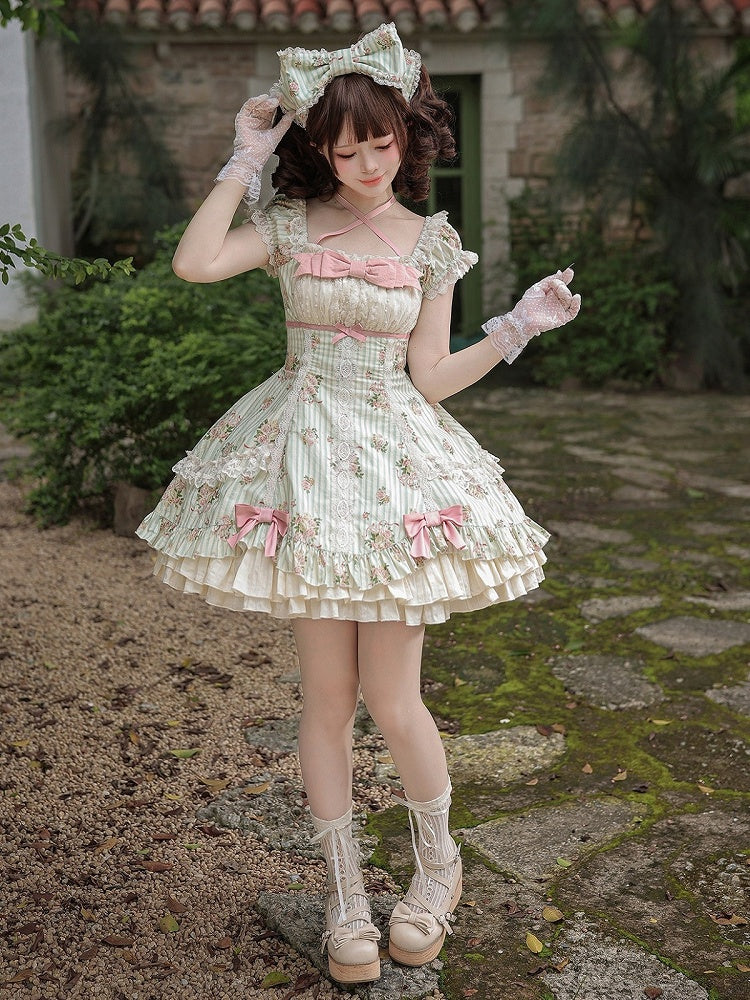 Floral Striped Dress Set with Hair Clip and Choker - With PUJI