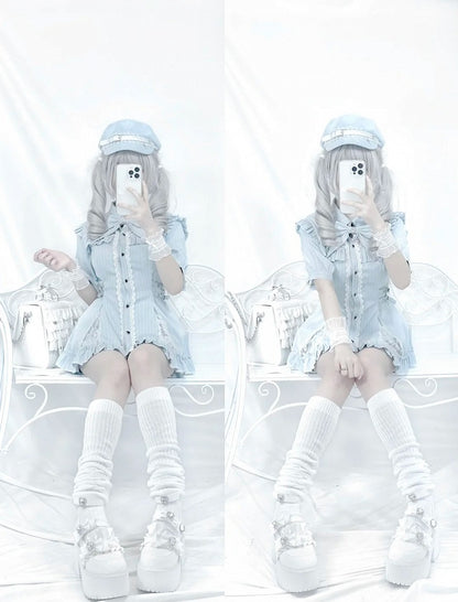 Waist Buckles Jirai Set: Blue Matching with Dress Kei Neckline Illusion Shorts Light