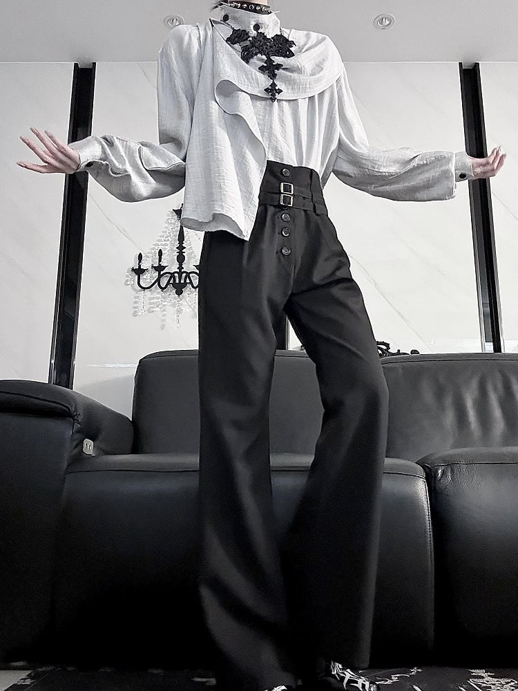 Ouji Spring Buckle for High-Waisted Lolita Summer - with Vertical Waistband Black Pants Flare Buttoned
