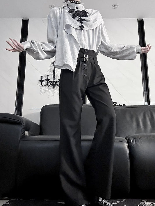 Ouji Spring Buckle for High-Waisted Lolita Summer - with Vertical Waistband Black Pants Flare Buttoned