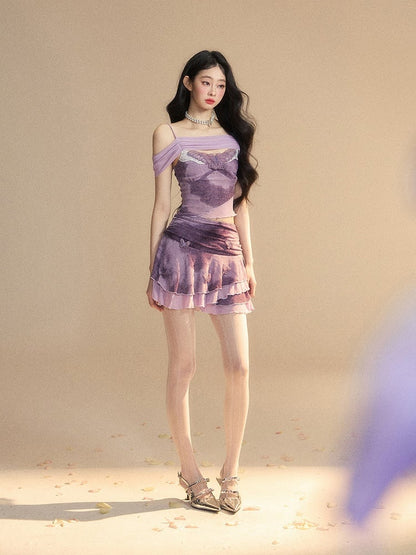 Ausschnitt Schmetterling Stickerei Top/Schmetterling Akzente Applikation Glamourös Stufenrock Lavendel Off-the-shoulder