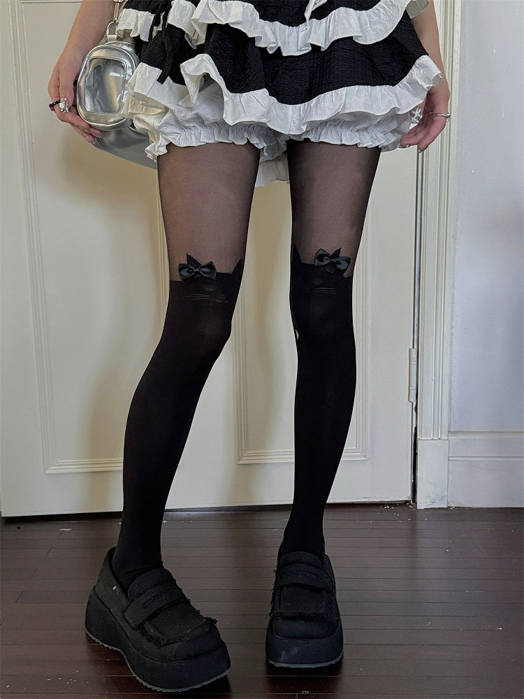 White/Black Tights Pattern Bow Sweet Cat With