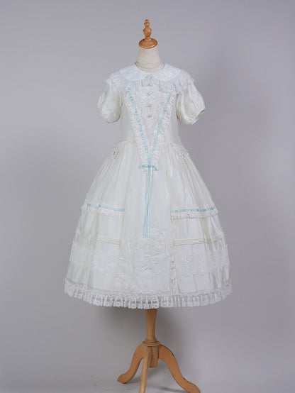 White Peter Pan Collar Lolita Long Dress with Lace and Embroidery