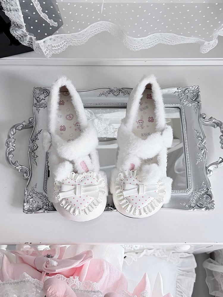Fluffy Fur Heart-Adorned Winter Bunny Lolita Footwear - Cute Bunny