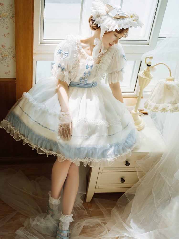Lolita Bow Dress with Blue Accents and Classic Ruffle White