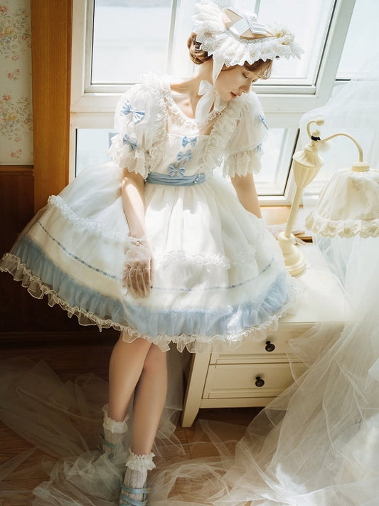 Lolita Bow Dress with Blue Accents and Classic Ruffle White