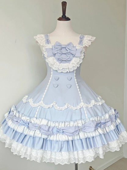 Layered Ruffle Old Bows White and Blue Decorated Sweet Hemline